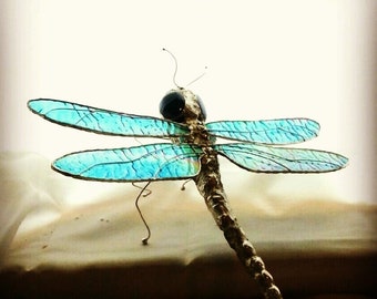 Rare special edition iridescent blue Xlarge stained glass dragonfly made on order