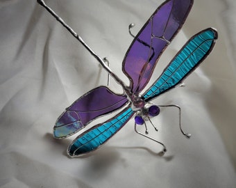 Stained glass dragonfly sculpture sun catcher new colours purple and teal for Valentine gift garden gift