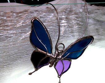 Blue and Purple Stained Glass Butterfly, Unique Silver Wire Details