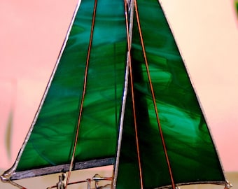 Sailboat Sculpture, Sea Green Stained Glass Model Boat perfect sailor gift, dad gift, Mother's day gift