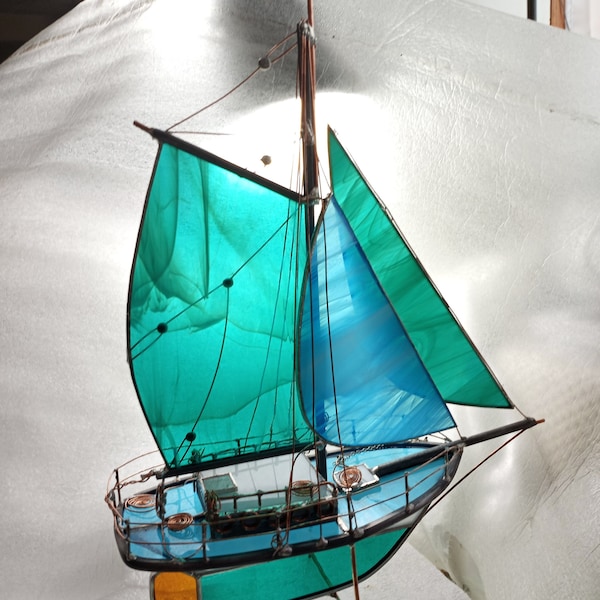 Sailboat  Stained Glass Rare TransparentTurquoise Green and Rare Aqua Large OOAK