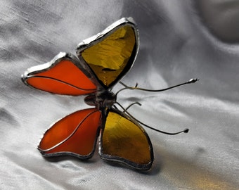 Gold Orange  Stained Glass hang or stand on silver wire legs tiny only 2 inches by 2 inches memorial gift new design