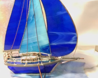 Royal Blue Aqua Blue Stained Glass Model Boat Sloop with Spinnaker Handmade OOAK