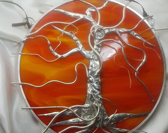 Tree of Life Stained Glass Orange & Metal Suncatcher Double Sided OOAK Handmade