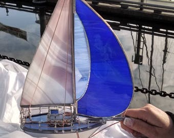 Stained Glass Sailboat Sculpture Extremely Rare Amethyst Periwinkle Royal Blue OOAK * glass pattern varies made when ordered