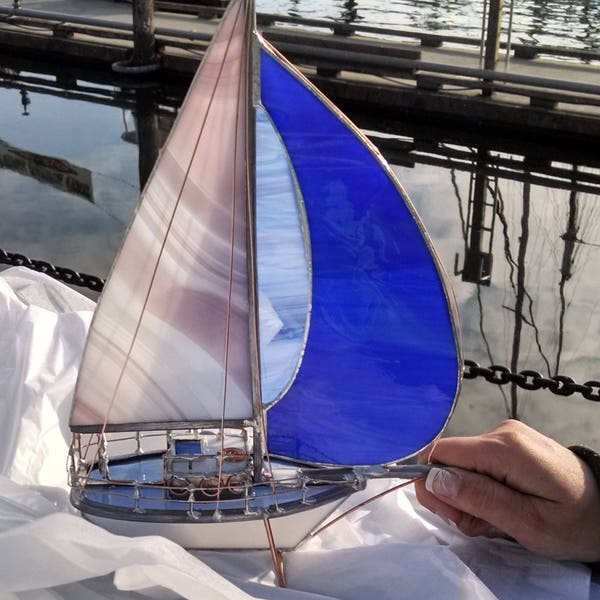 Stained Glass Sailboat Sculpture Extremely Rare Amethyst Periwinkle Royal Blue OOAK * glass pattern varies made when ordered