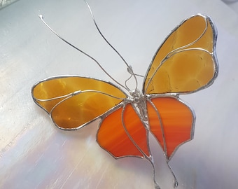 Amber Orange  Stained Glass Butterfly, repositionable silver wire legs