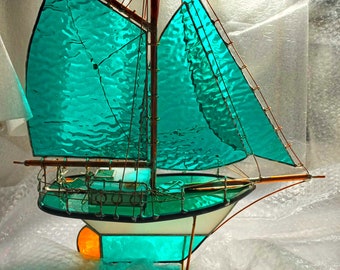 Sailboat 3d Model Stained Glass Extremely Rare Textured Turquoise Green OOAK Handmade