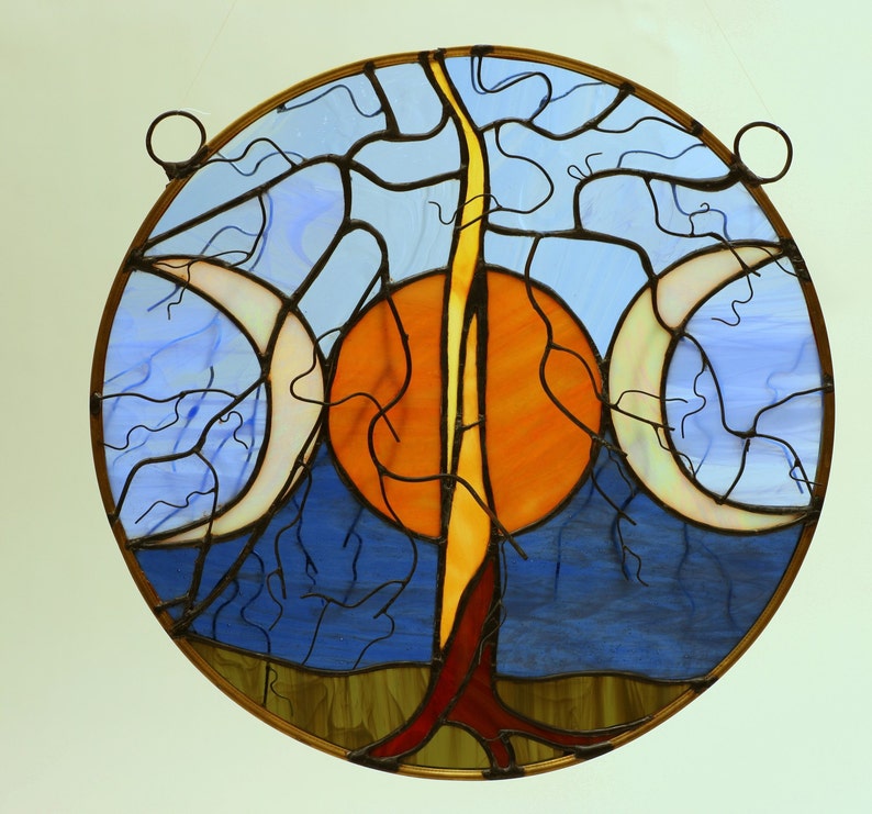 Harvest Moon Tree of Life Stained Glass Panel Circular Window Etsy