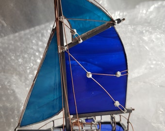 Stand alone 3d sailboat model in 2 shades of blue stained glass with wire rigging gaff rigged cutter new design