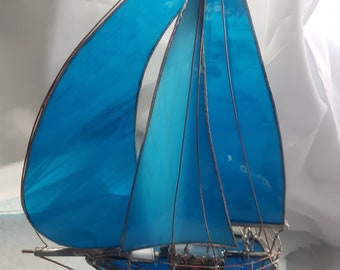 Extremely Rare Deep Turquoise Aqua Blue Stained Glass 3D Model Sailboat Original Design