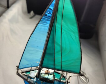 Aqua sea green stained glass model boat, nautical decor, sailor gift. personalize, dad gift, sea theme