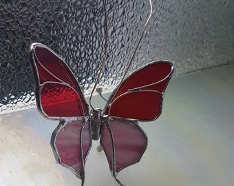 3D Butterfly Suncatcher Rare Red and Pink Stained GlassHanging and Standing, Flexible legs Unique Silver Wire Details Only One Left