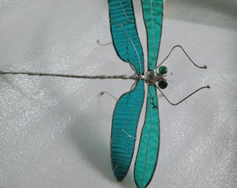 New large dragonfly 2 shades of teal green stained glass & metal dragonfly Sculpture, OOAK Valentine's Day Gift Garden At