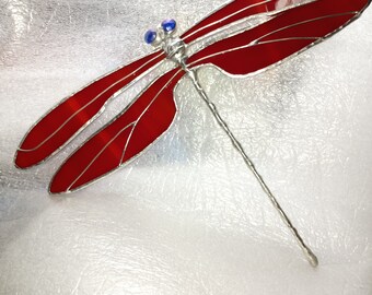 Large stained glass dragonfly cherry red wings, sympathy gift  woman gift wedding gift celebration of life gift