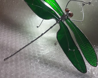 Large iridescent green and forest green stained glass & metal dragonfly Sculpture, OOAK Mother's Day Gift Garden Art