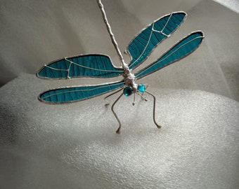 Turquoise green stained glass dragonfly