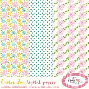 May include: Three digital paper designs for Easter. The first design features pink, blue, and yellow flowers on a white background. The second design features teal triangles on a white background. The third design features pink flowers with green leaves on a white background.