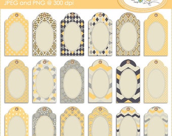 Yellow and gray printable gift tags, candy buffet labels, digital printable labels, gift tag clipart, vintage labels, P84