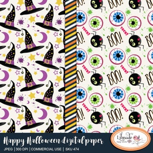May include: Digital paper set with Halloween-themed patterns. Includes designs with witch hats, moons, stars, and stripes, alongside patterns featuring eyeballs, spiders, and the word "BOO!". The text "Happy Halloween digital paper" is at the bottom.