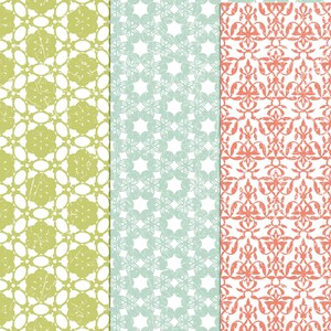 May include: Three seamless patterns with a distressed, vintage look. The first pattern is a light green on white background with a repeating circle and oval design. The second pattern is a light blue on white background with a repeating star and circle design. The third pattern is a coral red on white background with a repeating floral design.