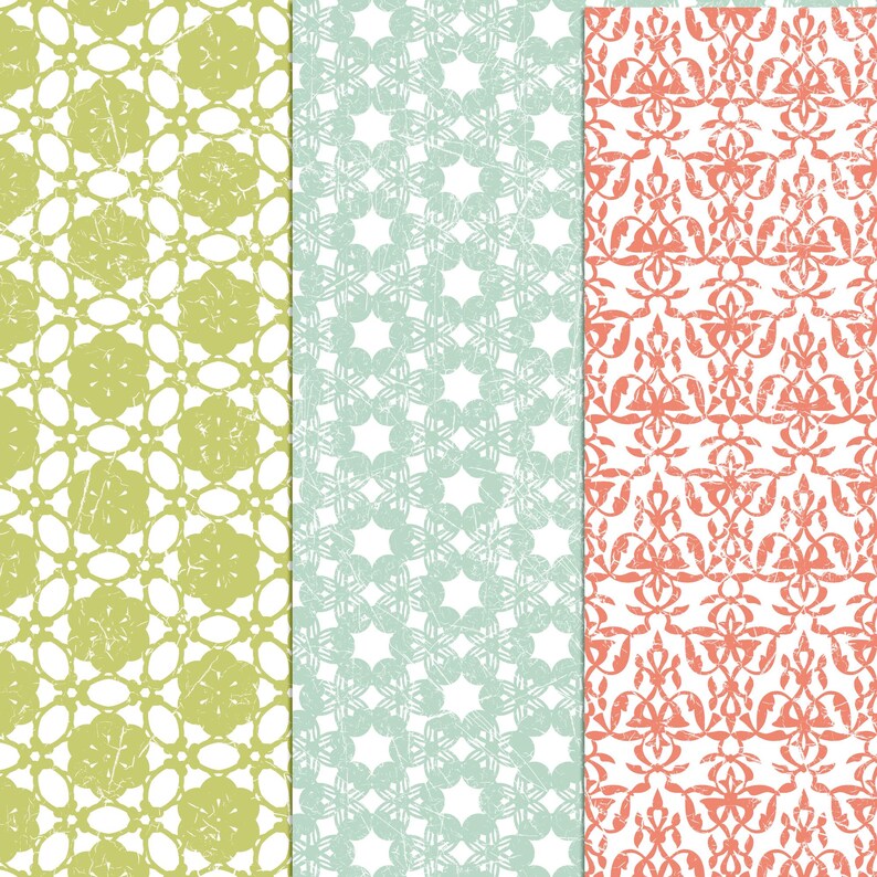 May include: Three seamless patterns with a distressed, vintage look. The first pattern is a light green on white background with a repeating circle and oval design. The second pattern is a light blue on white background with a repeating star and circle design. The third pattern is a coral red on white background with a repeating floral design.