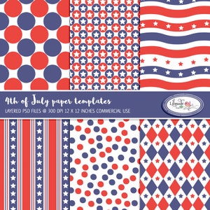 May include: A digital collection of 4th of July paper templates featuring six distinct patterns in red, white, and blue. Designs include polka dots, stars, wavy stripes, vertical stripes with stars, and diamonds. Text reads 4th of July paper templates.