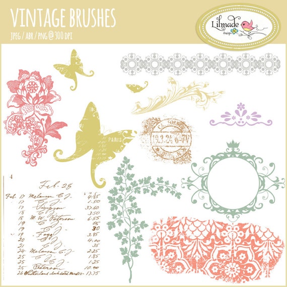 Vintage clip art, shabby vintage clip art, vintage rose, vintage vine, vintage frame, vintage ledger, separator, Photoshop brushes, P43 Il_570xn