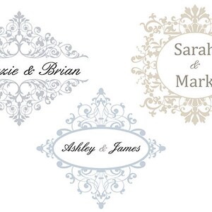 May include: Three wedding monogram designs with ornate, decorative flourishes. The top design is in silver with the names "Makenzie & Brian". The middle design is in beige with the names "Sarah & Mark". The bottom design is in silver with the names "Ashley & James".