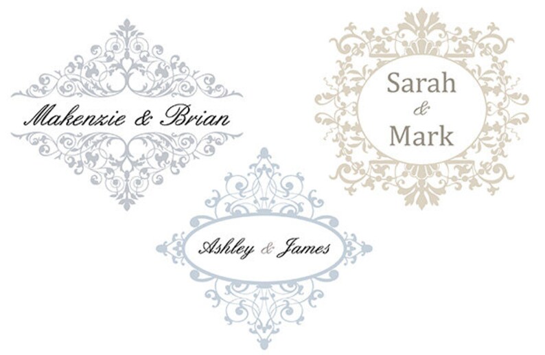 May include: Three wedding monogram designs with ornate, decorative flourishes. The top design is in silver with the names "Makenzie & Brian". The middle design is in beige with the names "Sarah & Mark". The bottom design is in silver with the names "Ashley & James".