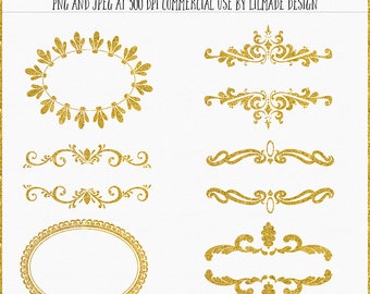 Gold glitter frames clipart in transparent PNG files for scrapbooking and design, gold glitter vintage frames, monogram frames, P461