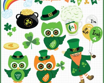 St. Patrick's Day vector clipart,shamrock, leprechaun, clover,lucky, pot of gold, St. Patrick's day owl, PNG,  planner clipart, P462