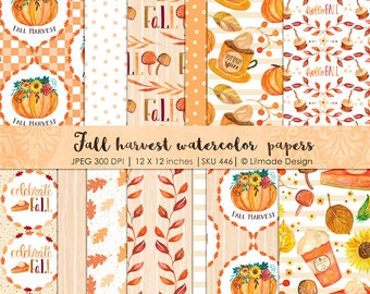 Watercolor Fall digital paper, watercolor autumn digital paper, fall harvest paper, Thanksgiving digital paper, watercolor patterns, P446