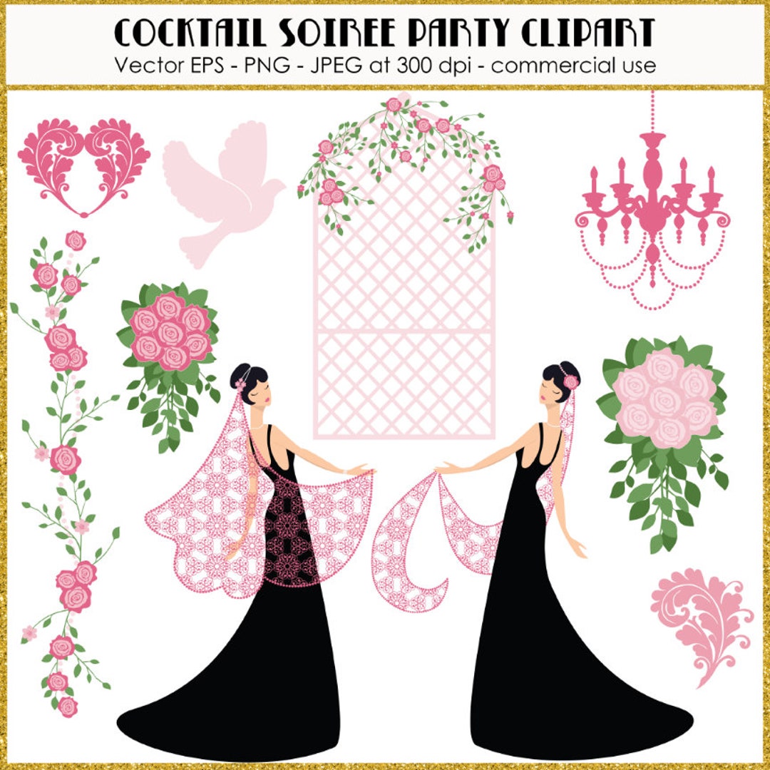Cocktail Soiree Party Clipart, Vintage Cocktail Clip Art, Black Dress