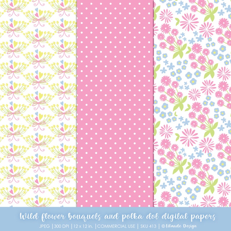 Puede incluir: Tres dise&ntilde;os de papel digital con patrones florales. El primer dise&ntilde;o tiene un fondo blanco con ramos de flores amarillas, rosas y azules. El segundo dise&ntilde;o tiene un fondo rosa con lunares blancos. El tercero tiene un fondo blanco con flores rosas y azules.