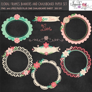 Chalkboard clipart, chalkboard frames and banners, chalkboard digital paper, chalkboard banners, chalkboard floral frame, P162