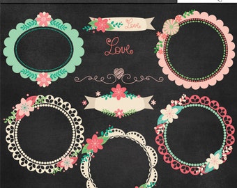 Chalkboard clipart, chalkboard frames and banners, chalkboard digital paper, chalkboard banners, chalkboard floral frame, P162