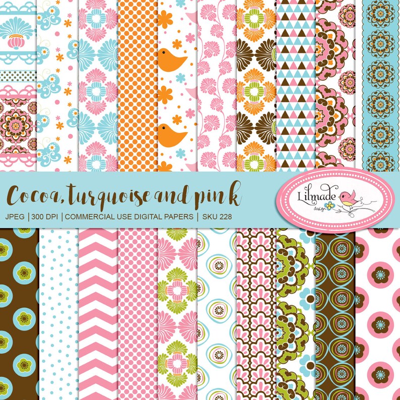 Floral Digital Paper, Ribbon Clip Art, Cocoa, Turquoise and Pink