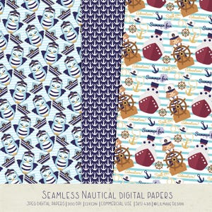 May include: Three digital paper designs with a nautical theme. The first design features a blue and white striped owl wearing a captain's hat. The second design features a repeating pattern of anchors. The third design features a girl wearing a captain's hat and steering a red boat with a white stripe. The text "Adventure! Sail on Summer fun" is repeated throughout the design.
