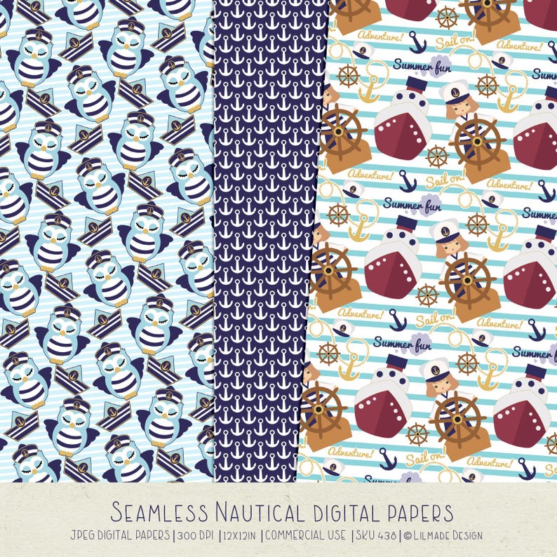 May include: Three digital paper designs with a nautical theme. The first design features a blue and white striped owl wearing a captain's hat. The second design features a repeating pattern of anchors. The third design features a girl wearing a captain's hat and steering a red boat with a white stripe. The text "Adventure! Sail on Summer fun" is repeated throughout the design.
