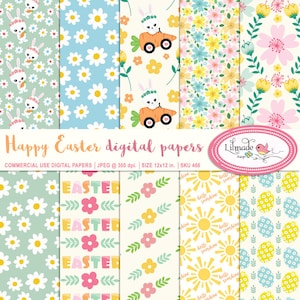 Digitalt påskpapper med söta påskhare-cliparts, påskägg och handritade vårblommönster. Kommersiellt bruk, P468 bild 1