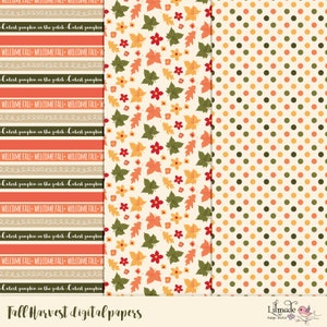 Puede incluir: Tres dise&ntilde;os de papel digital con motivos oto&ntilde;ales. El primer dise&ntilde;o tiene rayas alternas de naranja y beige con el texto "Cutest pumpkin in the patch" y "Welcome Fall". El segundo dise&ntilde;o tiene un fondo blanco con hojas verdes, hojas naranjas, flores rojas y flores amarillas. El tercer dise&ntilde;o tiene un fondo blanco con lunares naranjas y verdes.