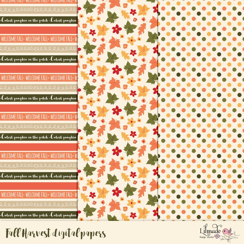 Puede incluir: Tres dise&ntilde;os de papel digital con motivos oto&ntilde;ales. El primer dise&ntilde;o tiene rayas alternas de naranja y beige con el texto "Cutest pumpkin in the patch" y "Welcome Fall". El segundo dise&ntilde;o tiene un fondo blanco con hojas verdes, hojas naranjas, flores rojas y flores amarillas. El tercer dise&ntilde;o tiene un fondo blanco con lunares naranjas y verdes.
