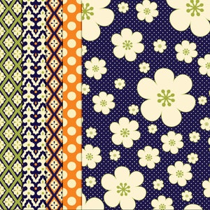 Peut inclure: Un pack de papier num&eacute;rique avec cinq motifs diff&eacute;rents. Les motifs comprennent un motif g&eacute;om&eacute;trique vert et bleu, un motif g&eacute;om&eacute;trique bleu et orange, un motif &agrave; pois bleu et orange, et un fond bleu avec des fleurs blanches et de petits points blancs.