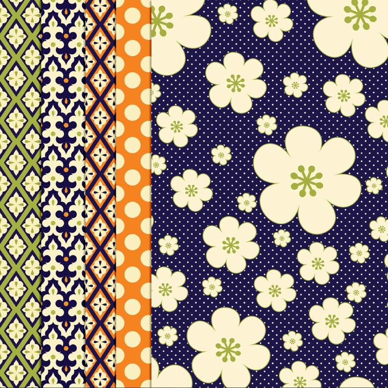 Peut inclure: Un pack de papier num&eacute;rique avec cinq motifs diff&eacute;rents. Les motifs comprennent un motif g&eacute;om&eacute;trique vert et bleu, un motif g&eacute;om&eacute;trique bleu et orange, un motif &agrave; pois bleu et orange, et un fond bleu avec des fleurs blanches et de petits points blancs.