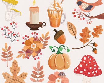 Cozy Fall Clipart Set, Autumn Leaves, Mushrooms, Berries, Pumpkin Spice Latte (Digital Download)