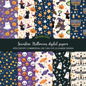 Papier numérique sans couture d'Halloween, sorcière d'Halloween, candélabre, baguette magique, bonbons d'Halloween, fantôme, chat d'Halloween, crâne d'Halloween, P518