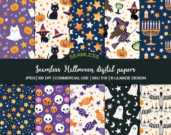 Halloween Seamless Digital Paper, Witch, Ghost, Skull (JPEG)