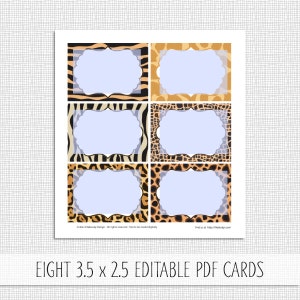 Op de afbeelding: Acht 3,5 x 2,5 inch bewerkbare PDF-kaarten met een safari-dierprintthema. De kaarten hebben een zebra-, giraffen- en luipaardprint.