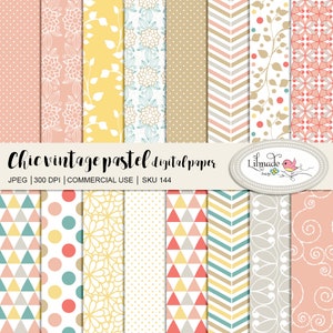 Digitales Papier, schickes Vintage-Pastellpapier mit floralen und geometrischen Motiven in sanften Farben, Scrapbook-Papier für kommerzielle Nutzung, P144